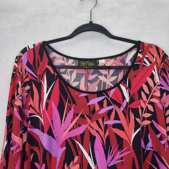 Bob Mackie Shift Dress Medium Bell Sleeve Floral Stretch Red Purple Wearable Art - Picture 4 of 12